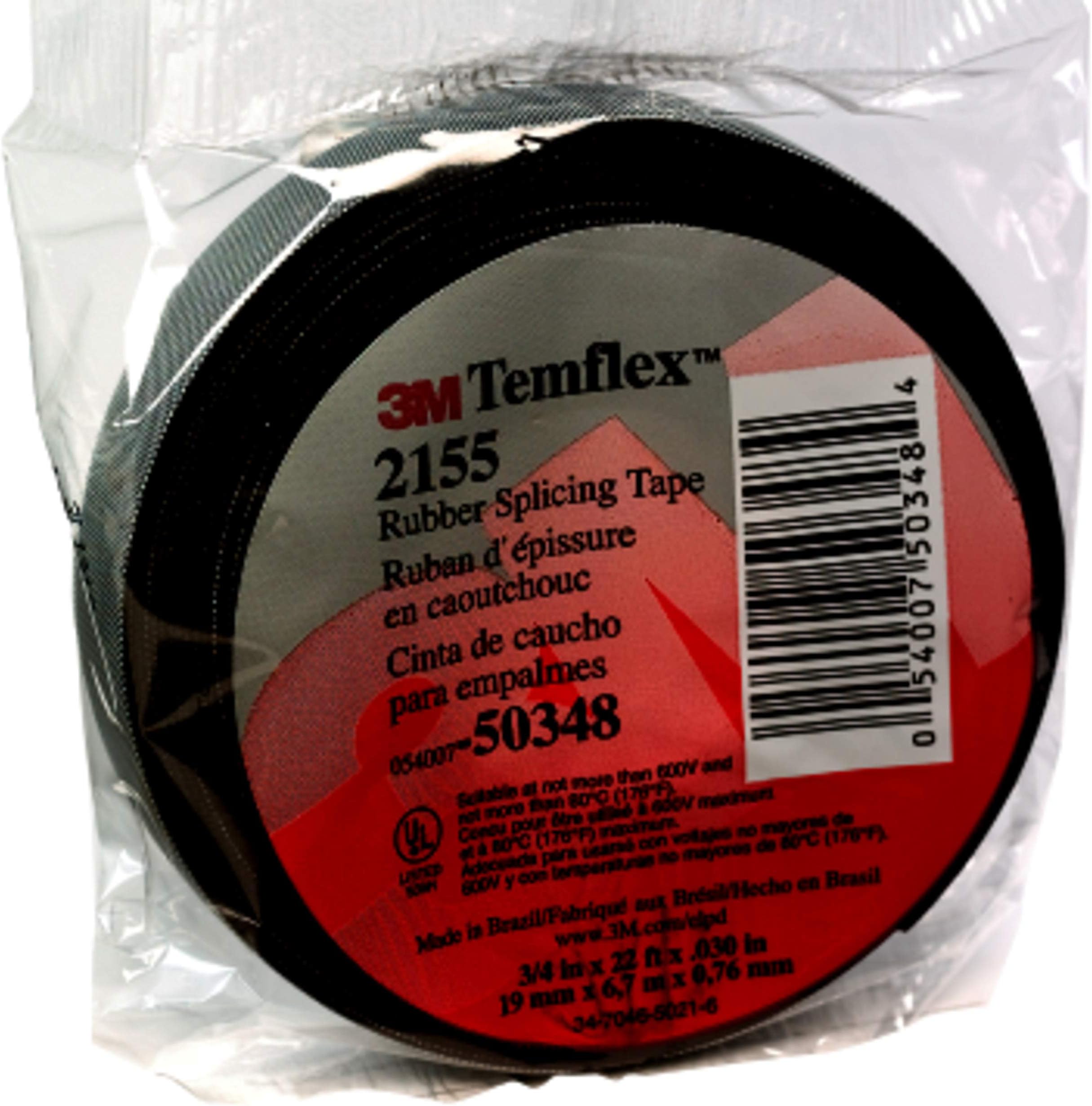 3M Temflex Rubber Splicing Tape 2155, 3/4 in x 22 ft, Black, General Purpose Self-Fusing Electrical Insulating Tape, 1 Roll