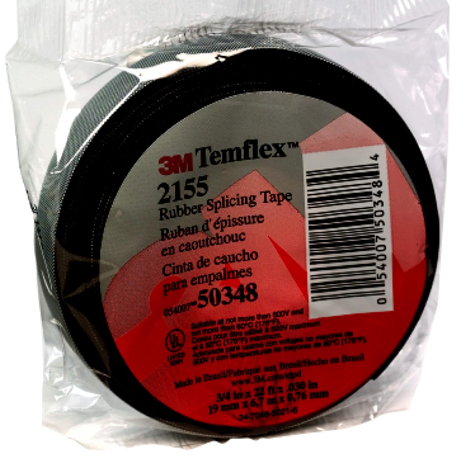 3M Temflex Rubber Splicing Tape 2155, 3/4 in x 22 ft, Black, General Purpose Self-Fusing Electrical Insulating Tape, 1 Roll (Pack of 3)