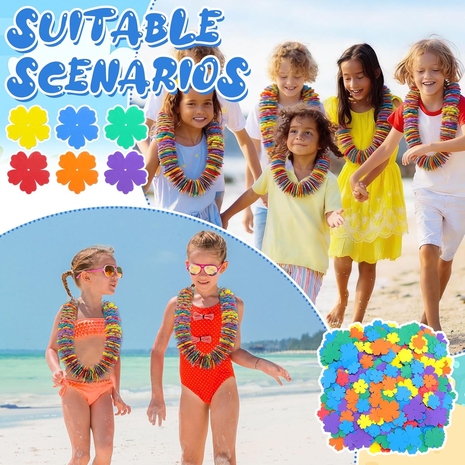Wettarn 24 Pcs Hawaiian Lei Making Craft Kit Makes Foam Flower Necklace VBS Vacation Bible EVA Flowers Foam Luau Crafts DIY Floral for Luau Tropical Party Decoration (Hibiscus Flower)