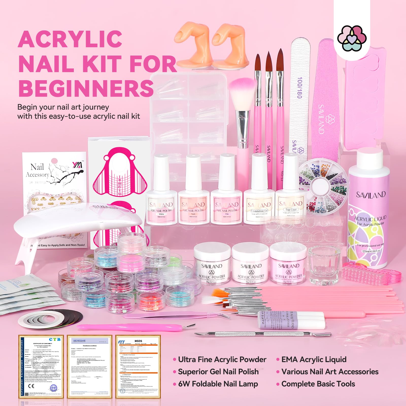 SAVILAND Acrylic Nail Kit with Everything: Nails Kit Acrylic Set for Beginner 3 Color Acrylics Powder Gel Polish Set 36pcs Glitter Powder Nail Decoration Foldable U V Lamp Professional Set - Image 2