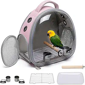 Gaiola para transporte de pássaros ioview, mochila para transporte de animais de estimação com poleiro em pé, bolsa para transporte de calopsita papagaio, tigela de comida para pombin