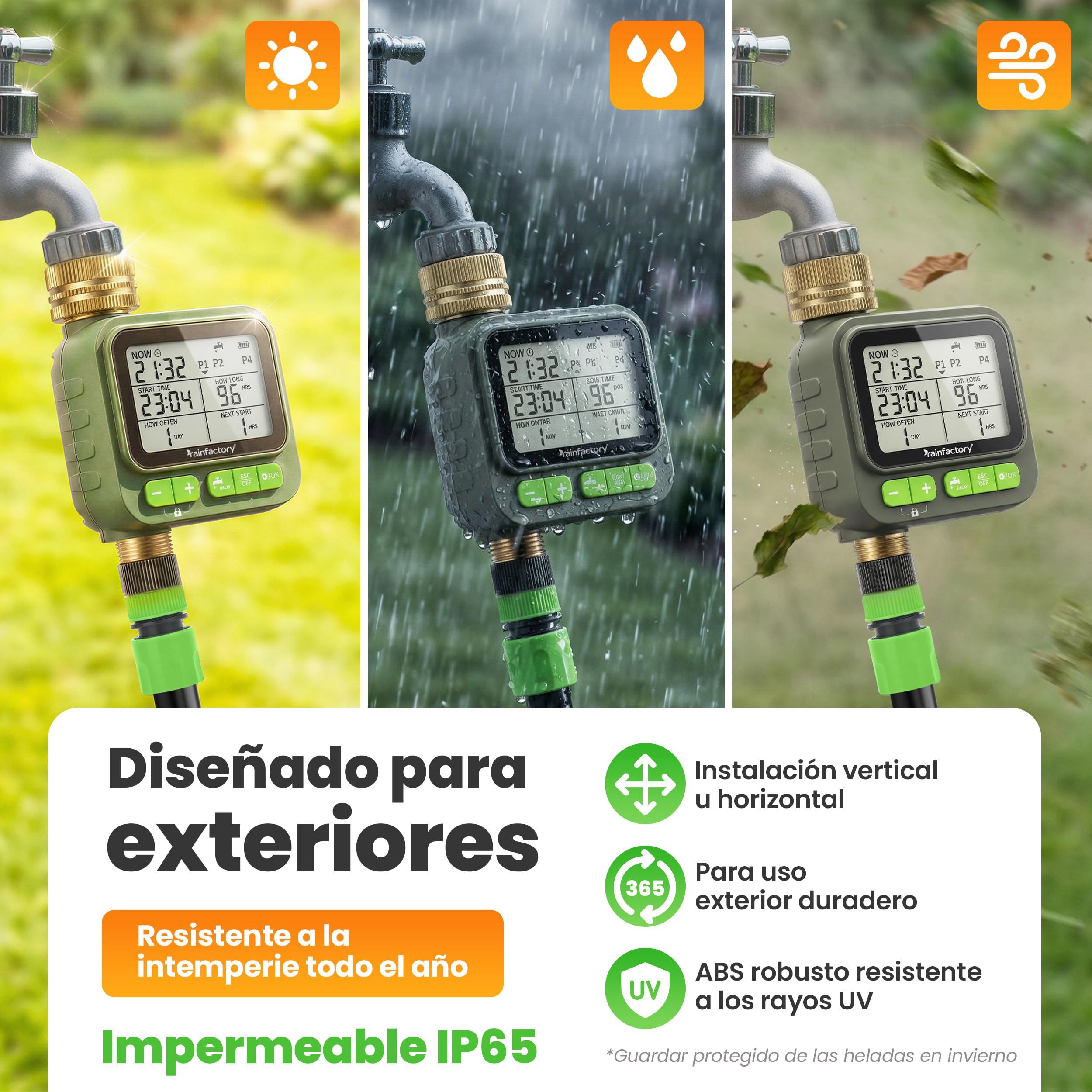 rainfactory - Programador de riego automático 1 Salida, Temporizador riego a Pilas IP65 con Pantalla LCD, 4 programas, Manual, función delay, conexión ¾ para jardín, balcón, macetas, riego por Goteo
