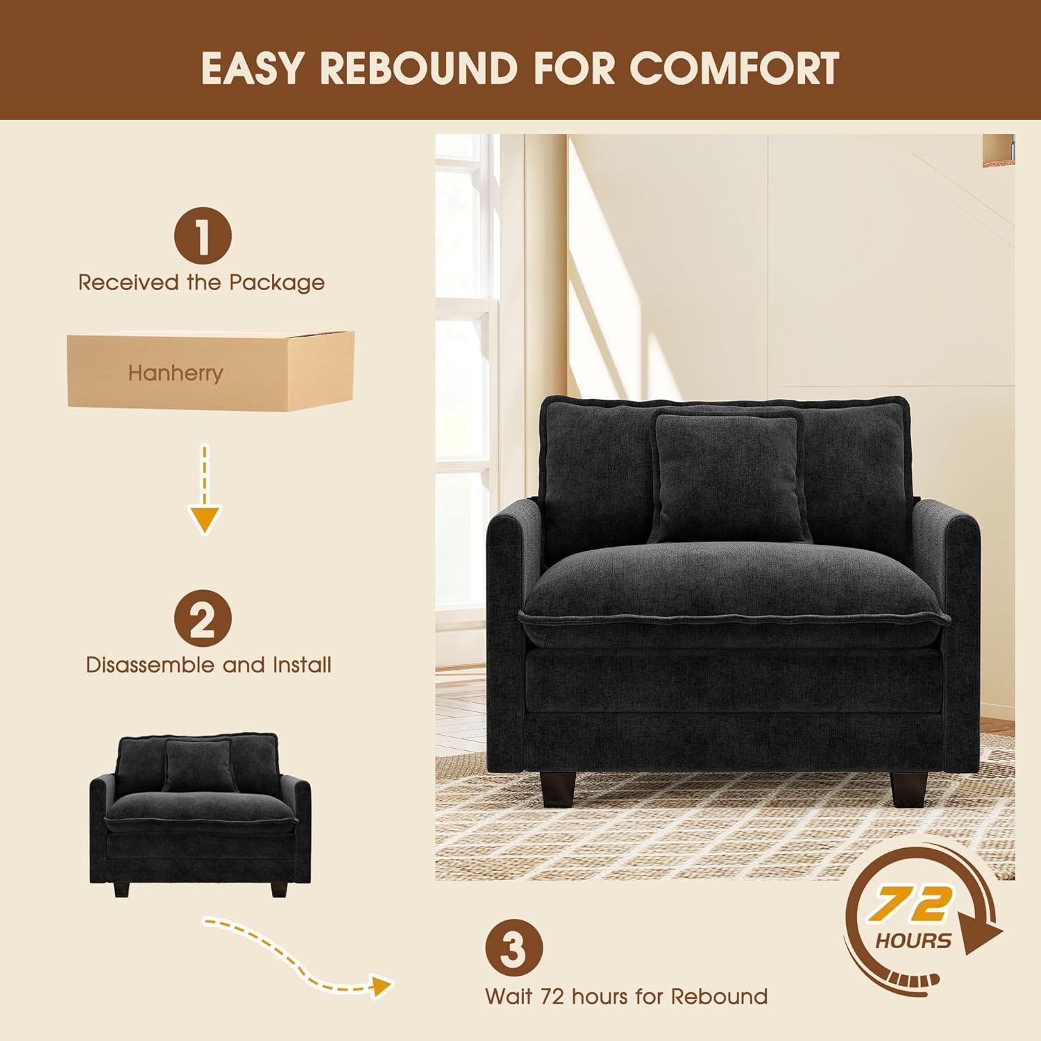 Hanherry 41.8" Comfy Accent Chair, Chenille Single Sofa Chair for Living Room, Modern Upholstered Reading Chair, Deep Seat Comfy Armchair with Pillow for Bedroom and Apartment, Black