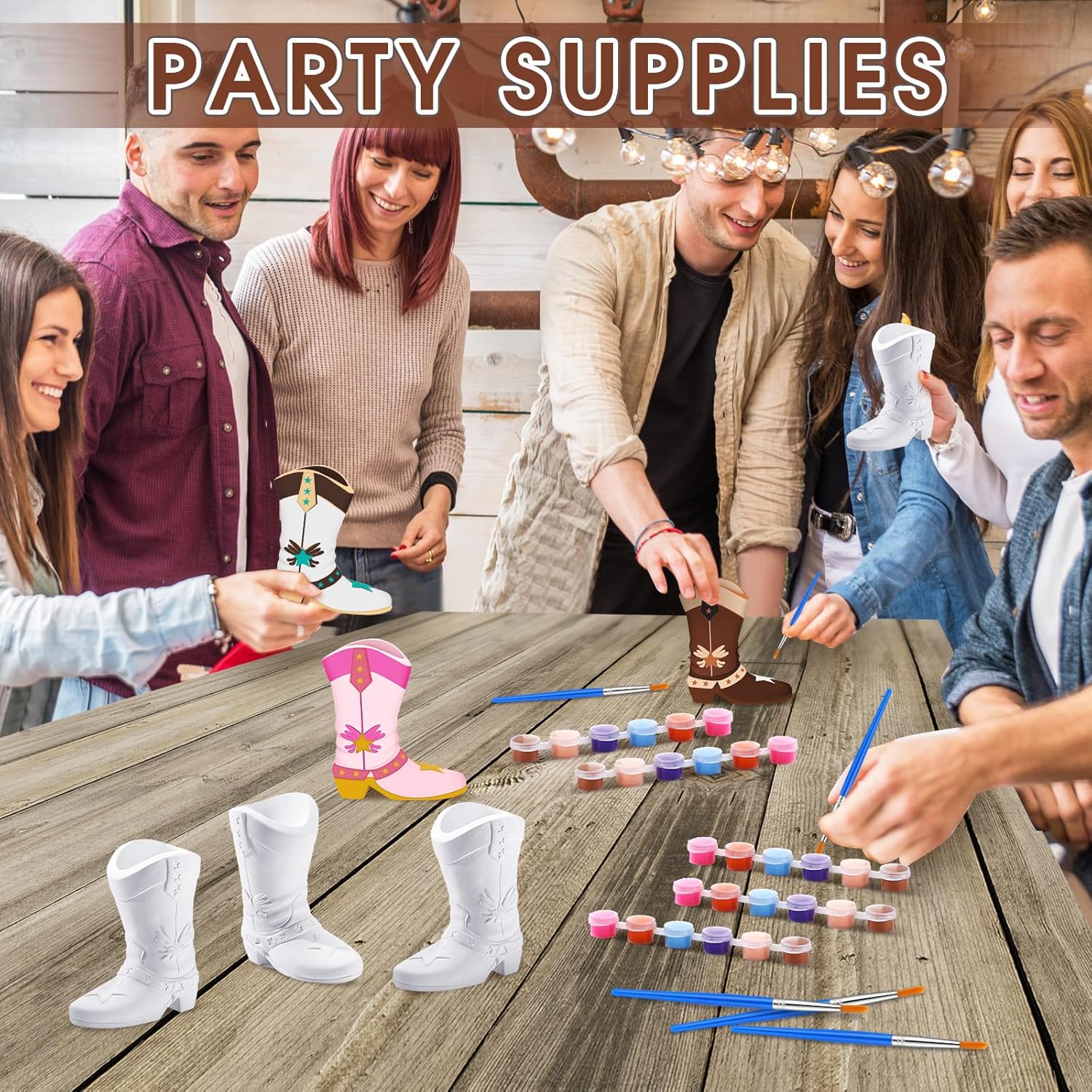 Affrolling 6 Set Cowboy Boot Vase Ceramics to Paint Ready to Paint Your Own Ceramic Cowgirl Hat Vase DIY Unpainted Plaster Paintable Kit Crafts with Brush Palette for Adults(Western Boots)