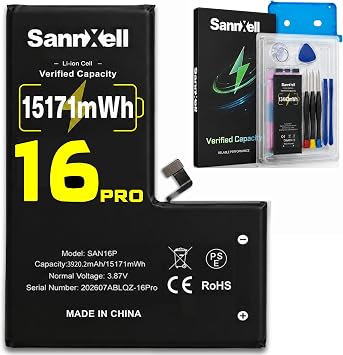 Upgraded High Capacity Battery for iPhone 16 Pro Replacement, 15171mWh 0 Cycle A3083 A3292 A3293 A3294 Model, Ultra Long Lasting Li-ion Battery for with Full Repair Tool Kit
