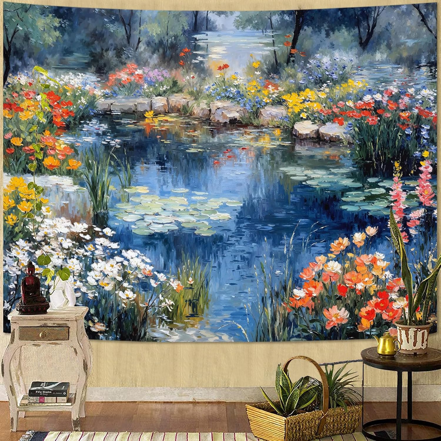 kampdream Scenery Tapestry, Colorful Flower Pond Landscape Wall Hanging, Nature Home Decor for Bedroom and Living Room Aesthetic Wall Art Decoration