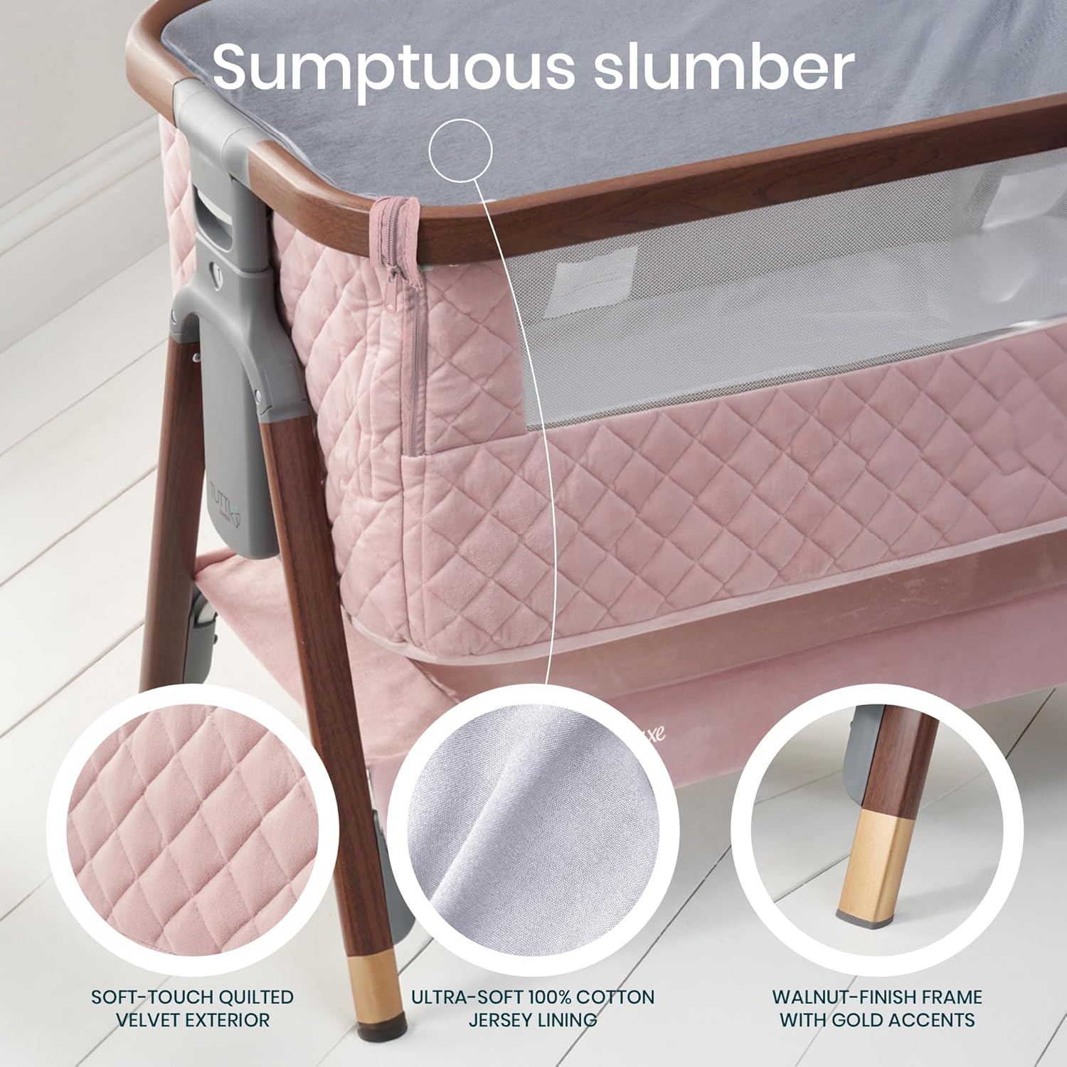 Tutti Bambini CoZee® Luxe Bedside Bassinet & Sleeper - Baby Bassinets Bedside Sleeper, Portable Crib & Adjustable Crib for Newborns, Travel Case, Must-Have Baby Essentials, 0-6 Months (Walnut/Blush)