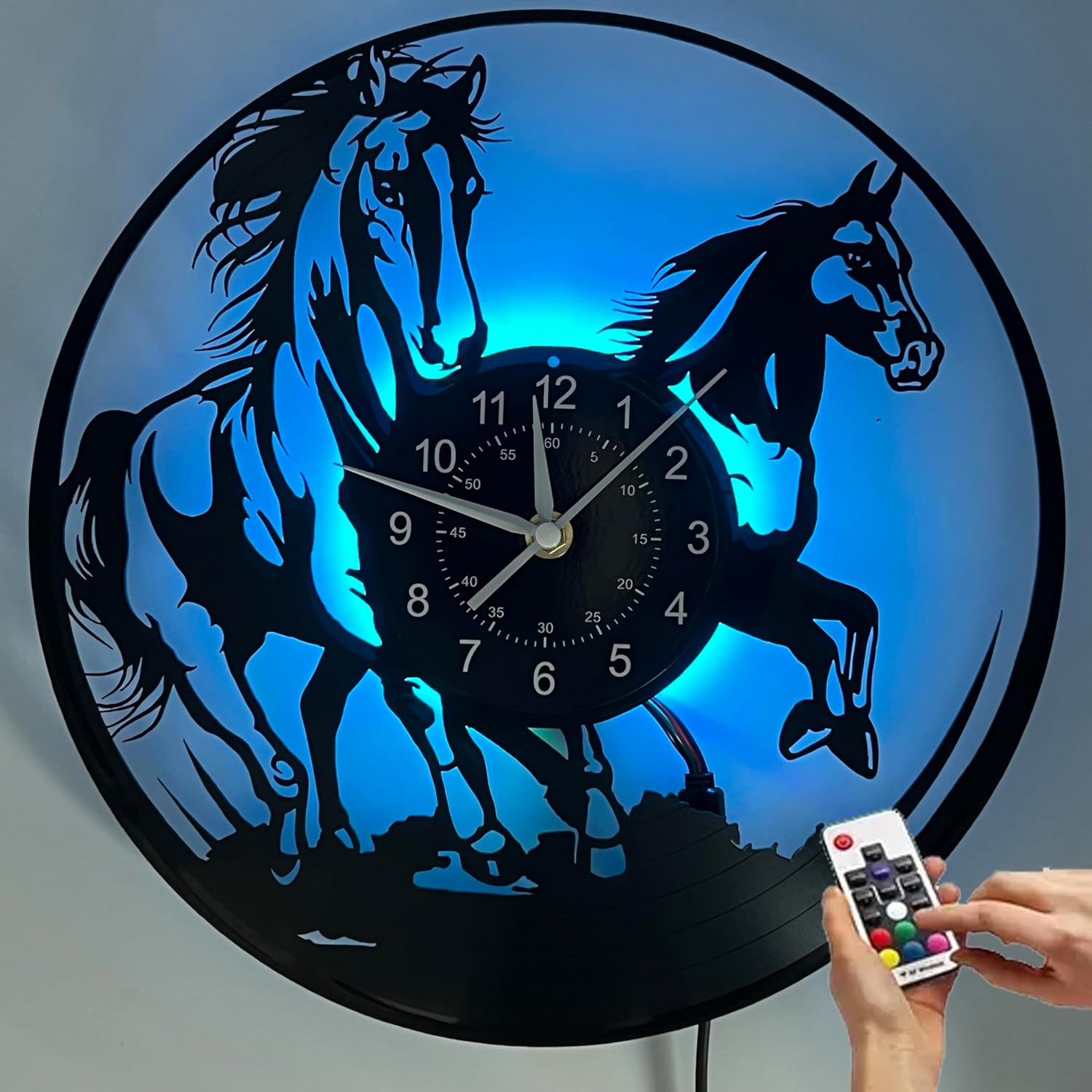 LED Vinyl Wall Clock Horses LED Night Light Hanging Lamp 7 Colors Luminous Clock Home Wall Decor Unique Birthday Horse Gifts for Men Women Kids
