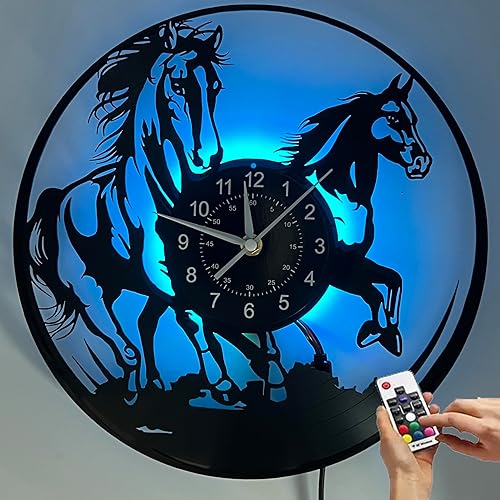 Reloj de pared de vinilo LED, caballos, luz nocturna, lámpara colgante de 7 colores, reloj luminoso, decoración de pared para el hogar, regalos