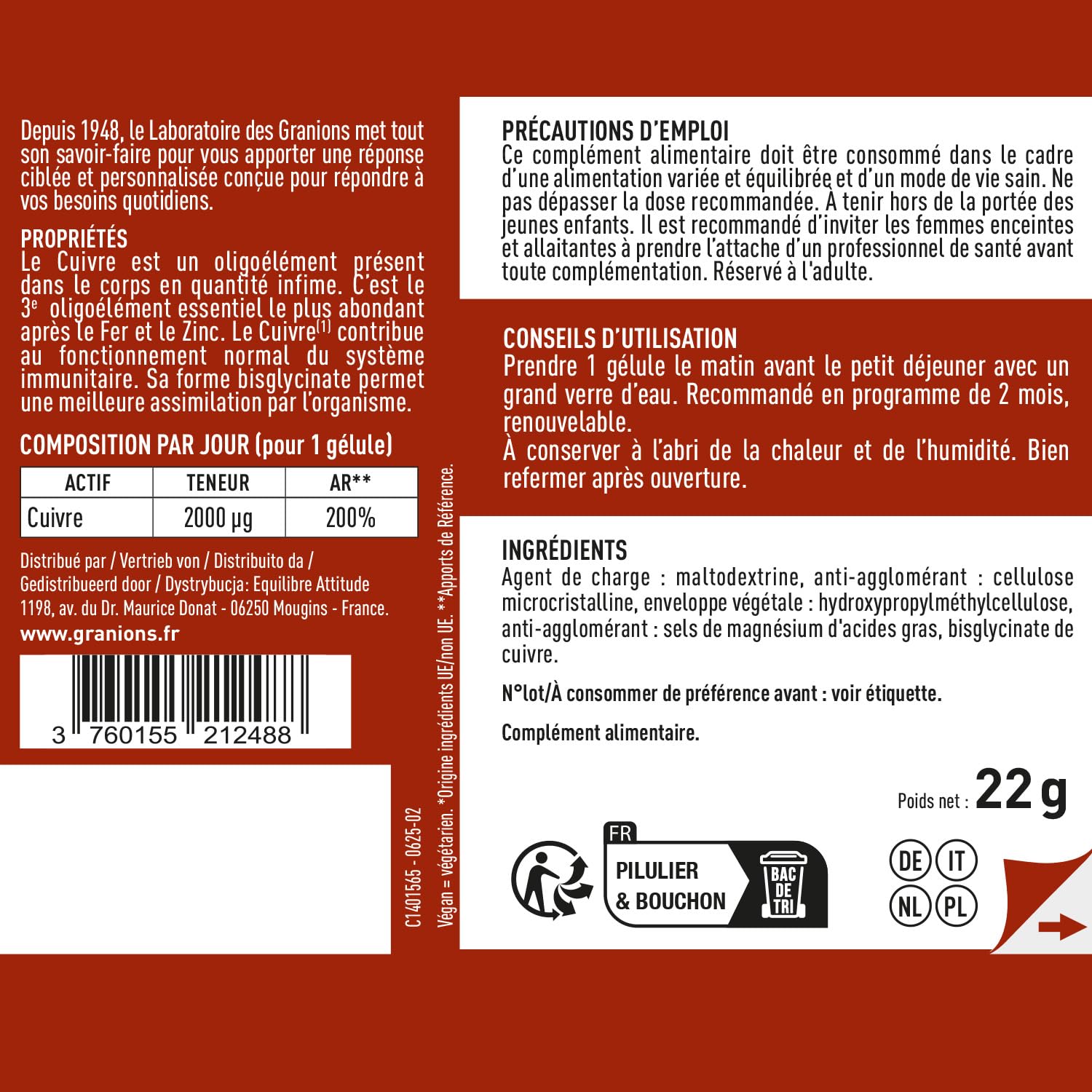 Granions Rame Bisglicinato 2 Mg - 200% Dell'Apporto Raccomandato - Biodisponibilità Ottimale - Difesa Dell'Immunità - 21.9 g