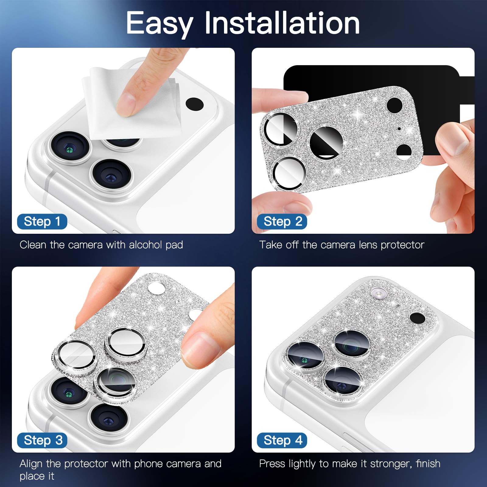 [2 Pack Bling Kamera Objektiv Bildschirmschutz für iPhone 17 Pro Max mit 9H gehärtetes Glas Luftfahrt Aluminium Platte Abdeckung Metallring, Nachtkreis, HD Klarheit-Glitter Silber