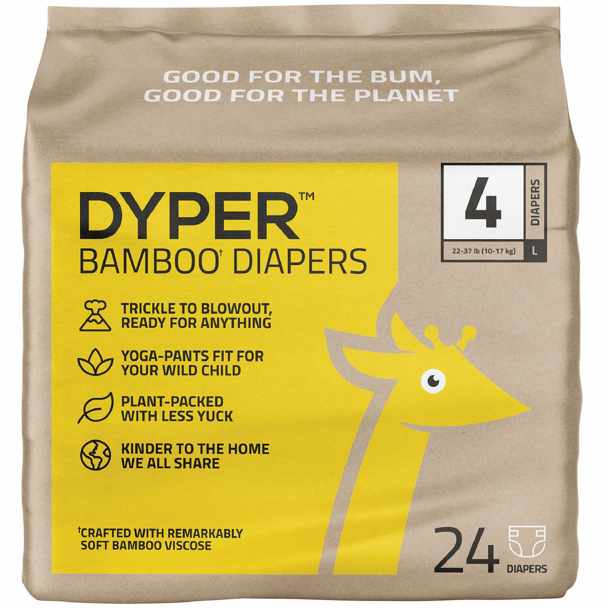 DYPER Viscose from Bamboo Baby Diapers Size 4 | Honest Ingredients | Cloth Alternative | Day & Overnight | Made with Plant-Based* Materials | Hypoallergenic for Sensitive Newborn Skin, Unscented 24Ct