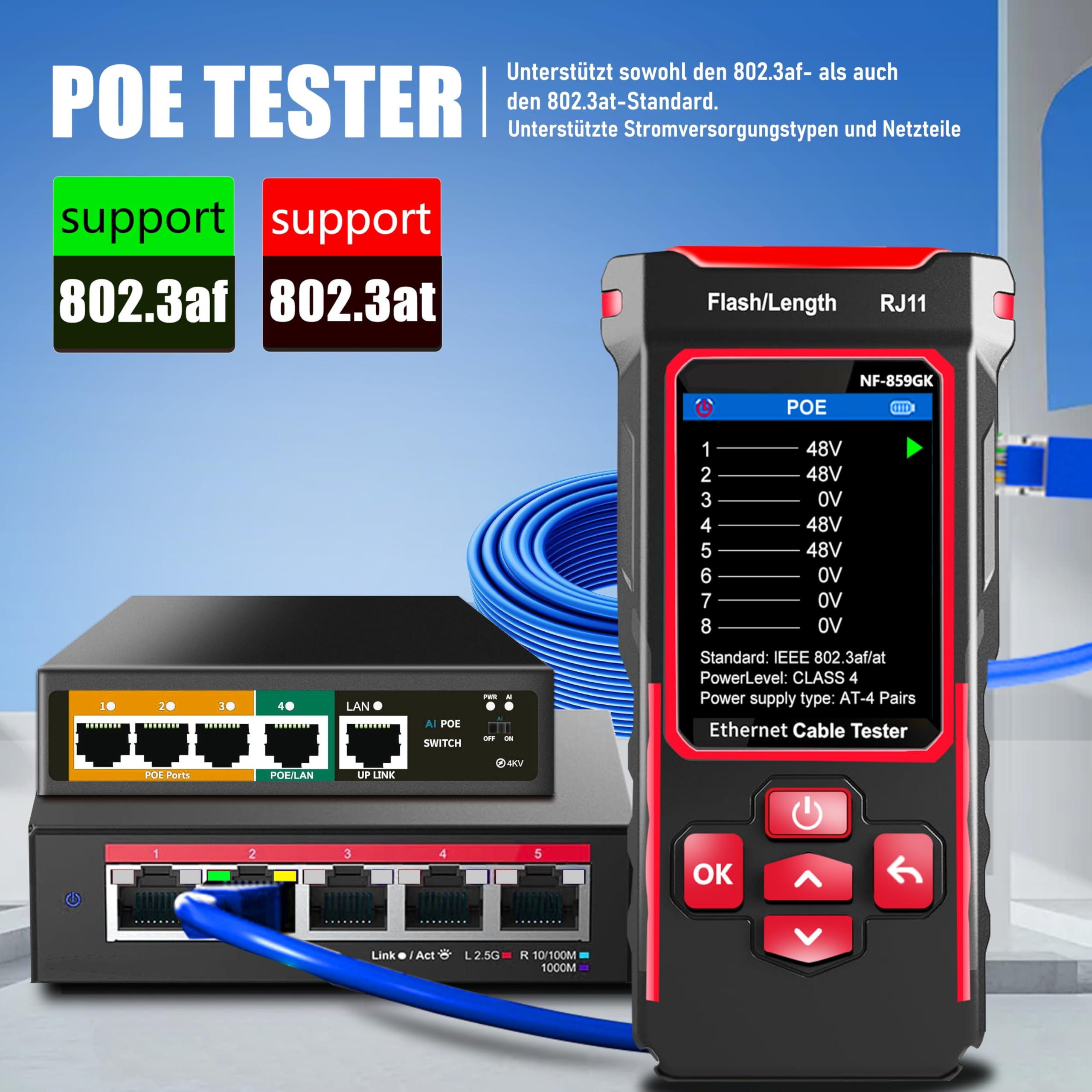 NF-859GK Netzwerk-Kabeltester TDR Multifunktional mit IP-Scan/VFL/PING/POE/CAT5 CAT6 CAT7 /RJ45 RJ11 Kabeltester für Telefonleitungen Ethernet-Kabeltester LAN-Netzwerktester