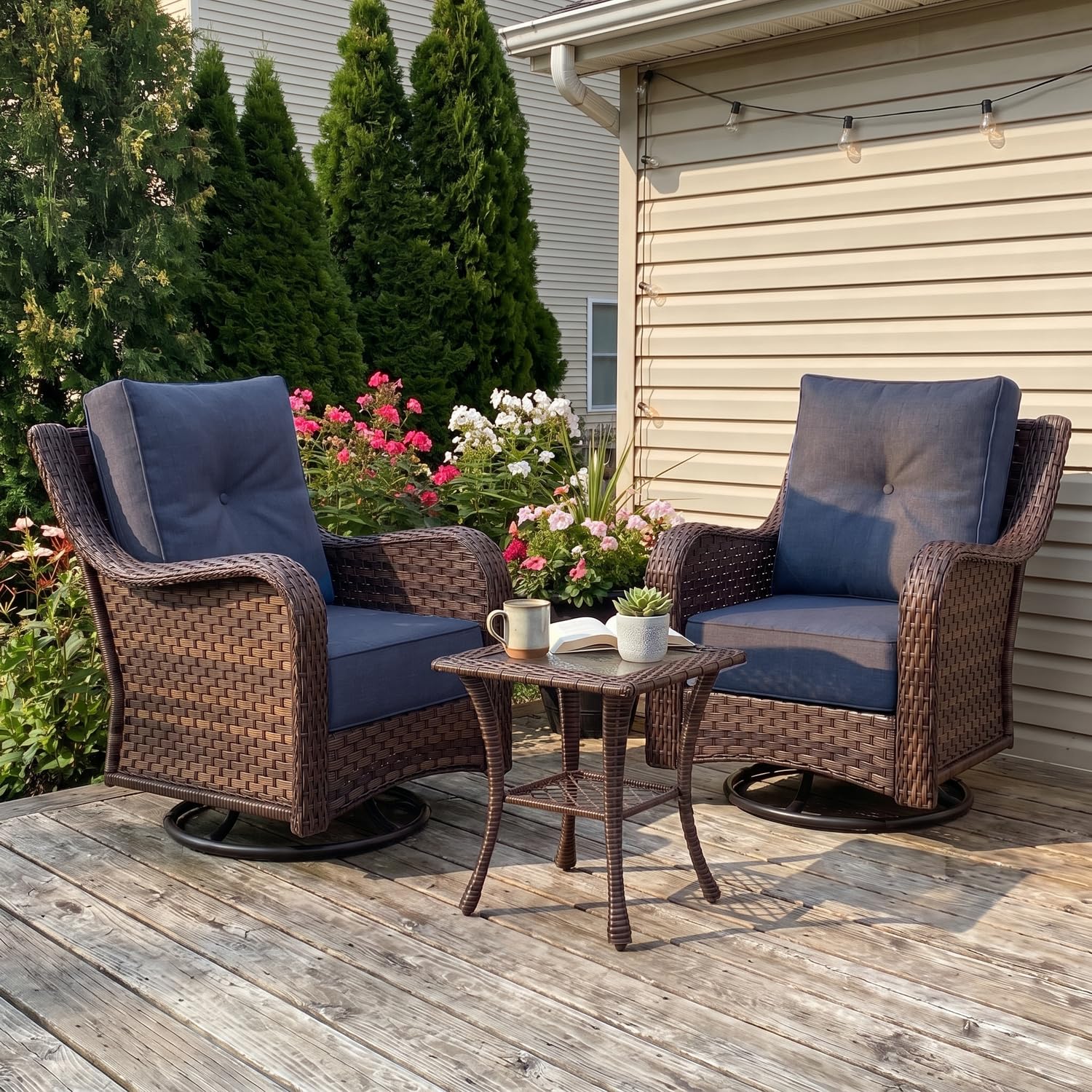 LayinSun 3 Piece Wicker Outdoor Furniture Set with 6-inch Comfy Cushions