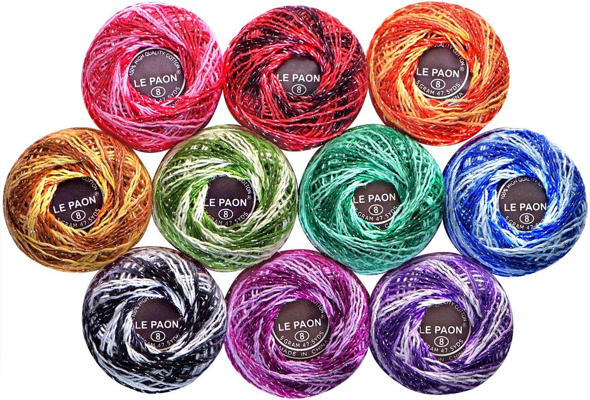 Crochet Cotton Metallic Crochet Thread Size 8 (10-Pack) 10 Variegated Colors Total 436 Yards Knitting Balls Yarn Tatting Doilies Assorted Skeins Lacey Craft Thread