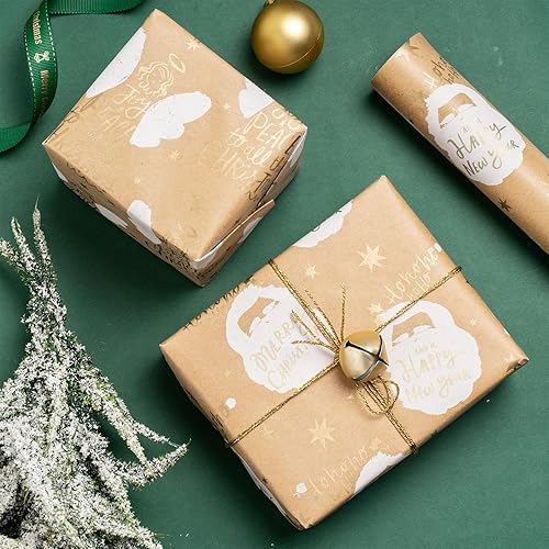 Miniatura 6 de LeZakaa Papel de regalo de estraza de Navidad, mini rollo, estampado de muñeco de nieve, ángelzorro en oro para envoltura de regalo, manualidades de