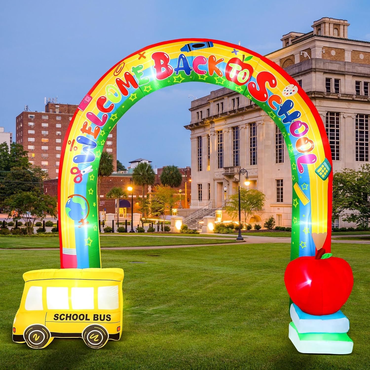 Shappy 9ft Welcome Back to School Inflatables Arch Outdoor Decoration 2025 with LED Lights for First Day of School Party Lawn Yard Kindergarten Preschool Graduation Decor(Rainbow with Bus)