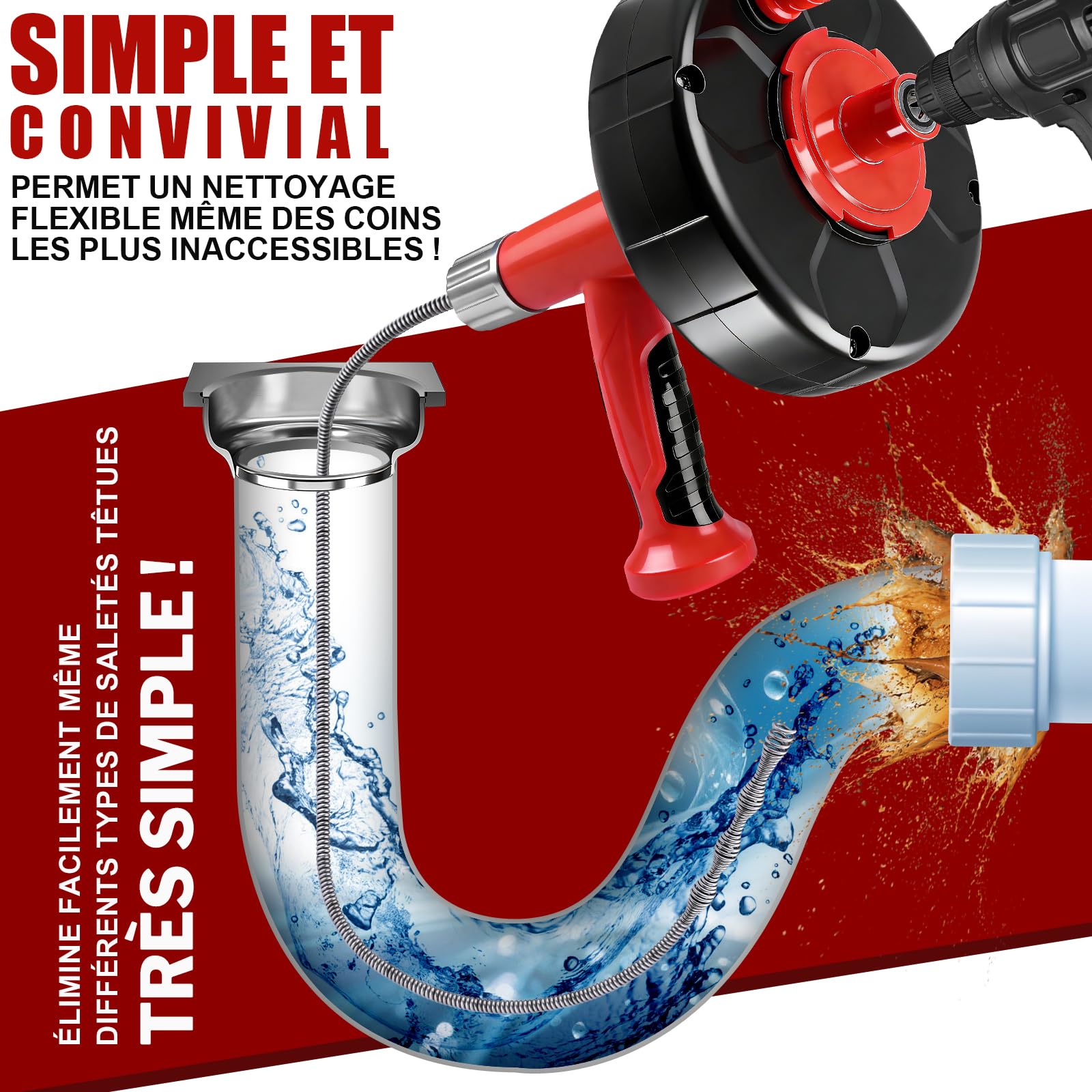 XIIW Furet Deboucheur Canalisation 2 en 1 Manuel & Sur Perceuse[Adaptateur inclus] - 9,5m Flexible Spirale Nettoyeur pour Canalisations – Facile à utiliser – Outil Plomberie pour Évier Douche Lavabo | Déboucheur de canalisations en spirale écologique pour