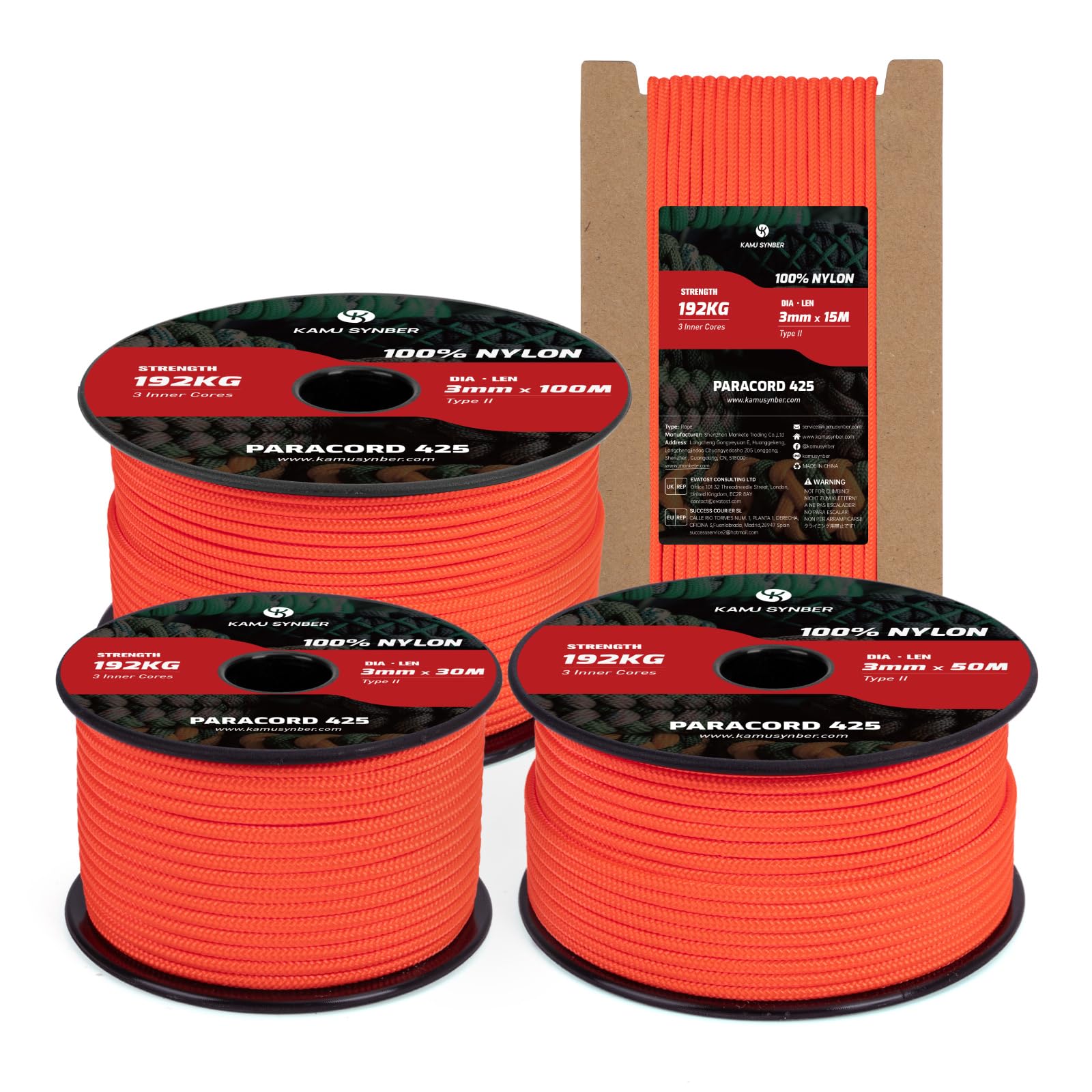 Kamu Synber 425 Paracord 3mm x 30m 100% Nylon Rope 3 Strands Parachute Cord Type II for Outdoor, Crafting, DIY | Support 192kg | Neon Orange
