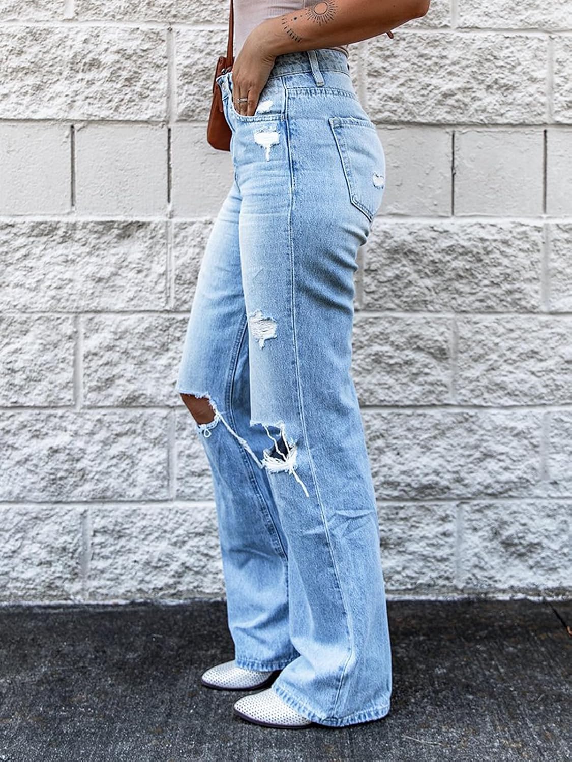 Ripped Women's Jeans Straight Wide Leg Jeans for Women Trendy High Waisted Distressed Women's Pants - Image 3