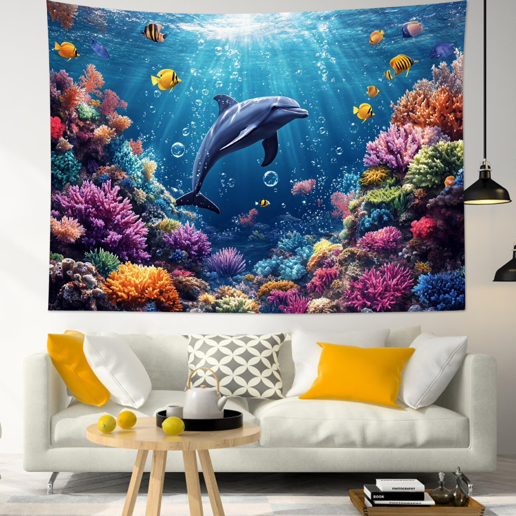 LB Blue Ocean Tapestry, Under the Sea Dolphin with Colorful Coral and Fish Wall Tapestry for Bedroom, Ocean Animal Wall Art for Living Room Home Decor