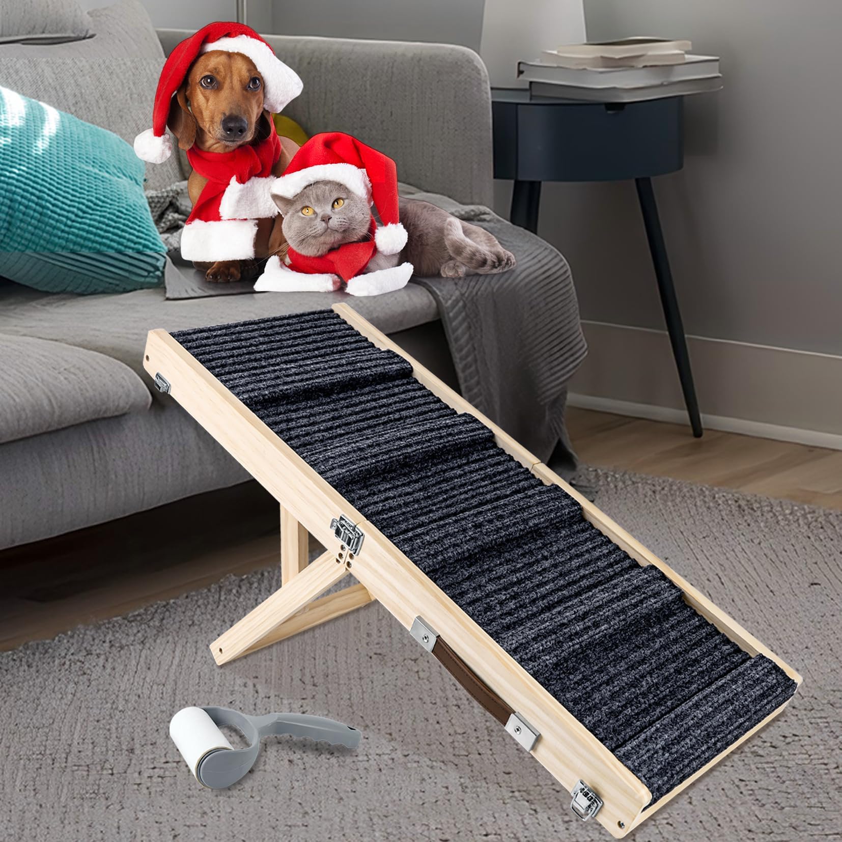 Wooden Folding Portable Pet Ramp. 4 Levels Adjustable 9" to 17.3" with Non-Slip 5 Paw Traction Mat for Small Medium Doggie. Dog Ramps-UK