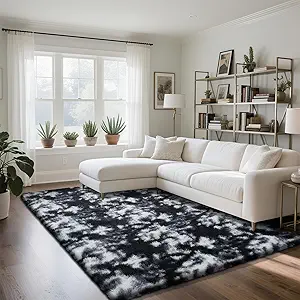 Fluffy Rug Shaggy Area Rug, Mottling Black 4x6 Area Rugs for Bedroom, Small Bedside Rug, Soft Fluffy Shaggy Entryway Throw Rugs for Living Room Bedroom Kids Room Home Decor