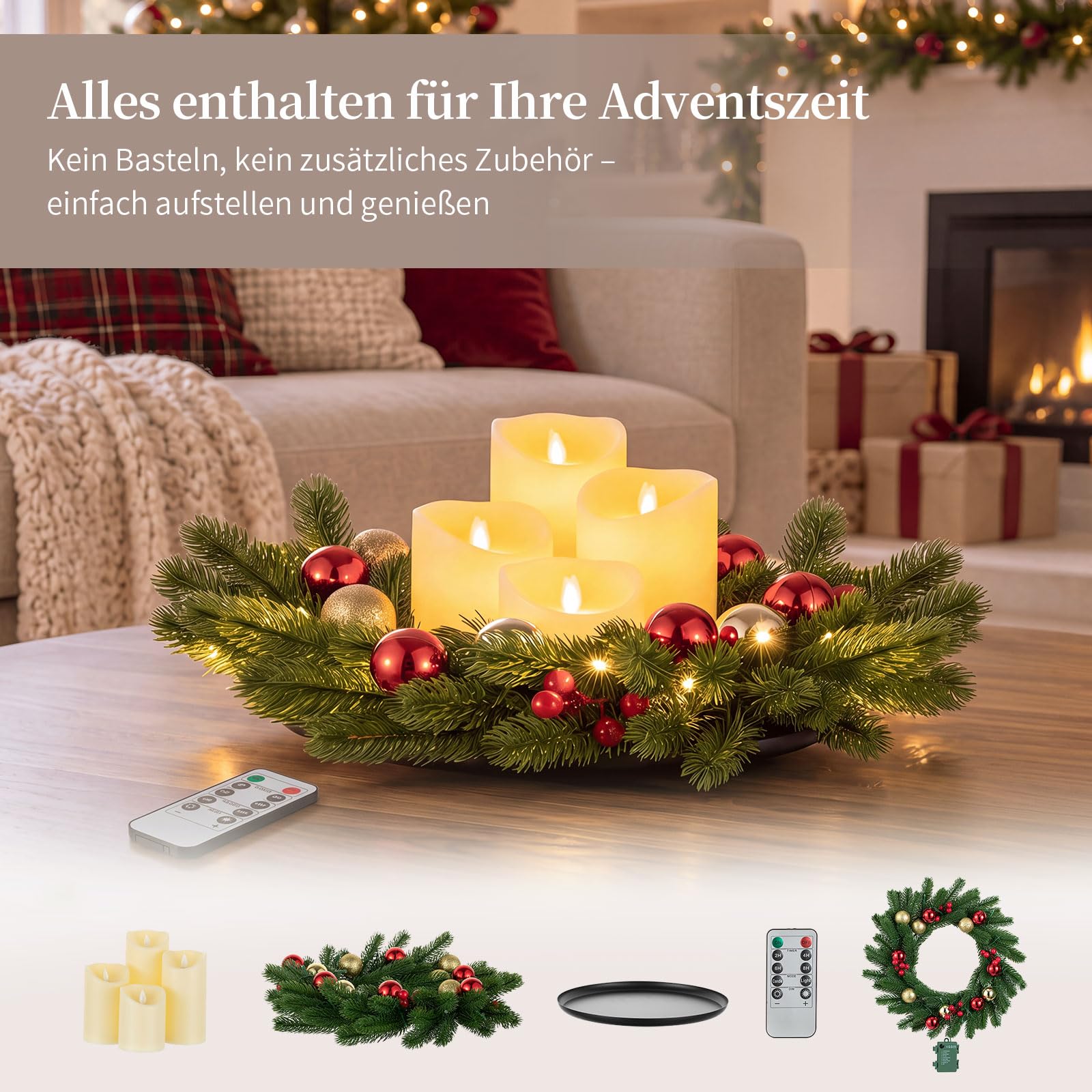 Sziqiqi Künstlicher Adventskranz mit 4 LED-Kerzen, Fernbedienung & Tablett