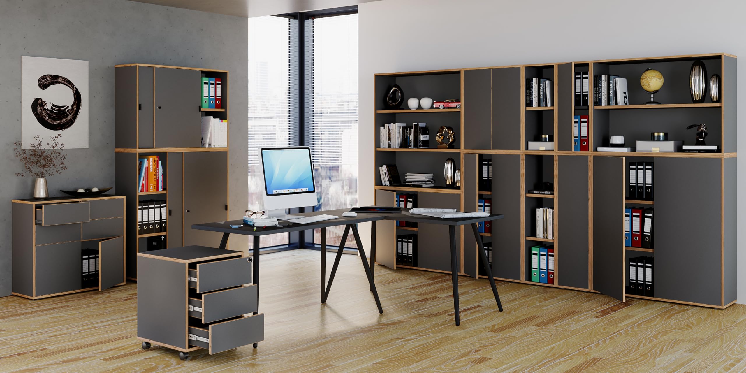 VCM Armoire de Bureau à 3 Compartiments | Armoire à dossiers Moderne à Portes coulissantes | Dimensions : env. H 110 x L 100 x P 37 cm – Salia 3 Compartiments Anthracite