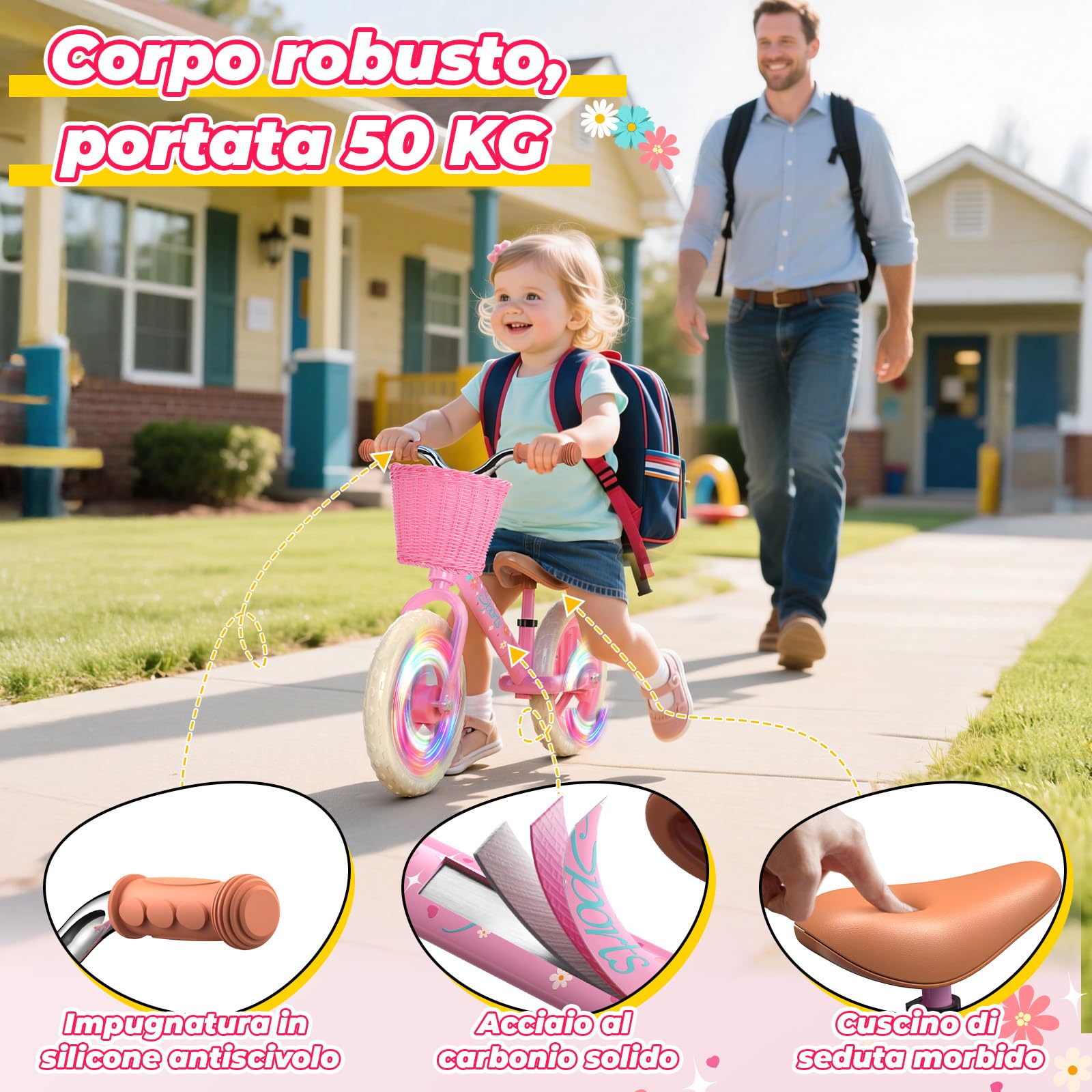 HappyGoLucky Bici Senza Pedali 2-5 Anni, Bicicletta Bambina – Ruote Luminose/Altezza Regolabile/Cestino Intrecciato, Giochi Regalo Giocattoli Gioco Bambina 2-5 Anni