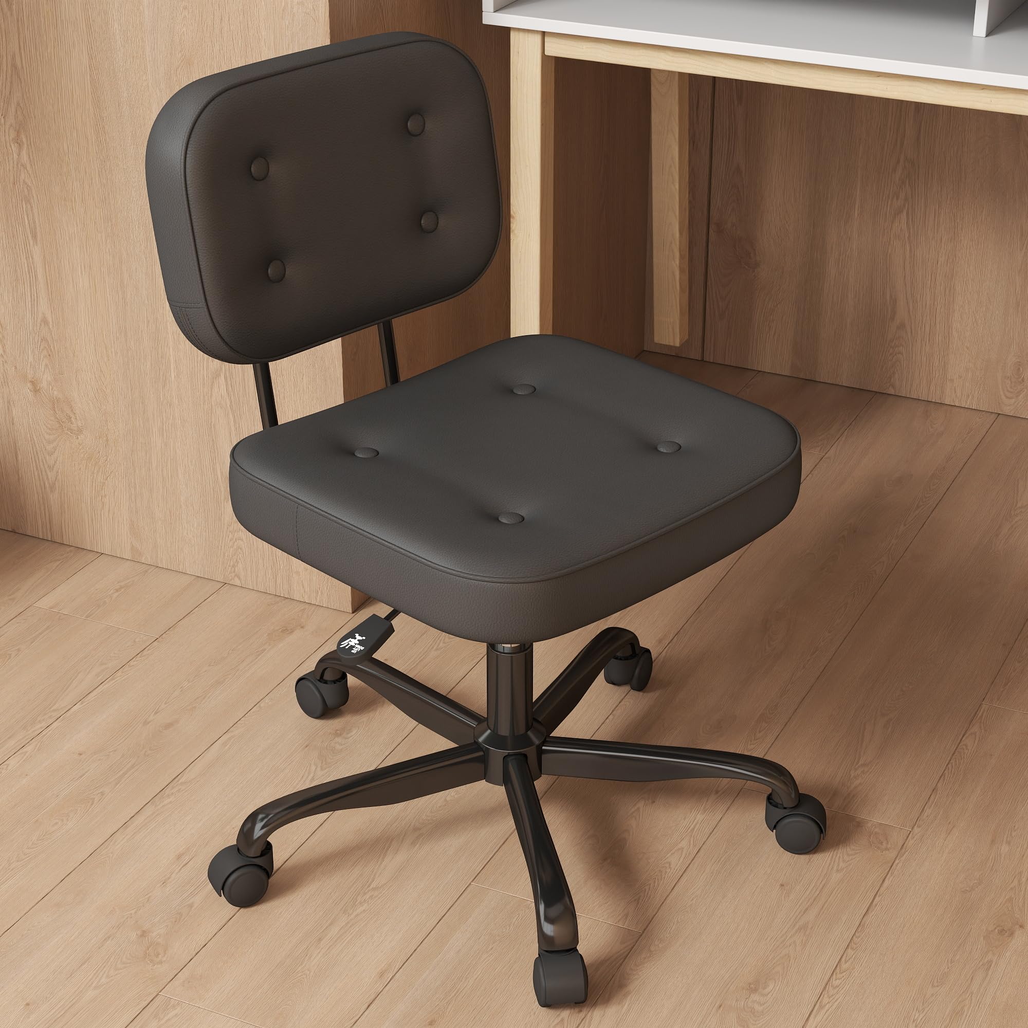AnyGod Sedia Da Scrivania Senza Braccioli per Ufficio Domestico, Sedile Girevole Compatto con Altezza Regolabile e Ruote, Sedia Ergonomica A Schienale Basso in Pelle PU Nera