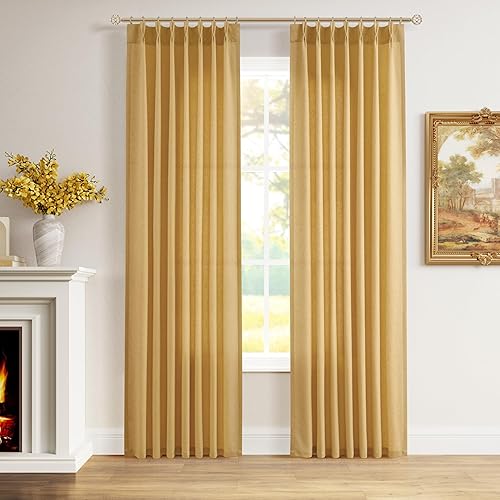 2 paneles de cortinas plisadas de lino amarillo dorado de 84 pulgadas de largo, para sala de estar y dormitorio, cortina plisada bohemia neutra con