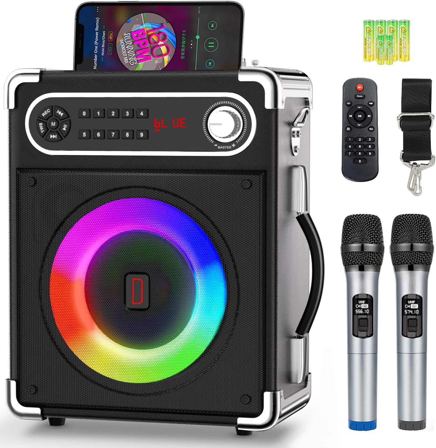 Karaoke Machine with 2 Wireless Microphones,Portable Bluetooth 5.1 Speaker for Adults Kids,Bass/Treble Adjustment,PA System with Remote Control, Lights, Supports TF Card/USB, AUX in,TWS,FM,REC Party