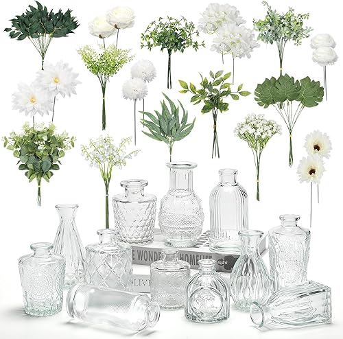 Miniatura 8 de FoldTier Juego de 108 flores artificiales multiestilo con florero de brote, 96 jarrones de vidrio, 12 piezas para bodas, fiestas, comedor, centro de