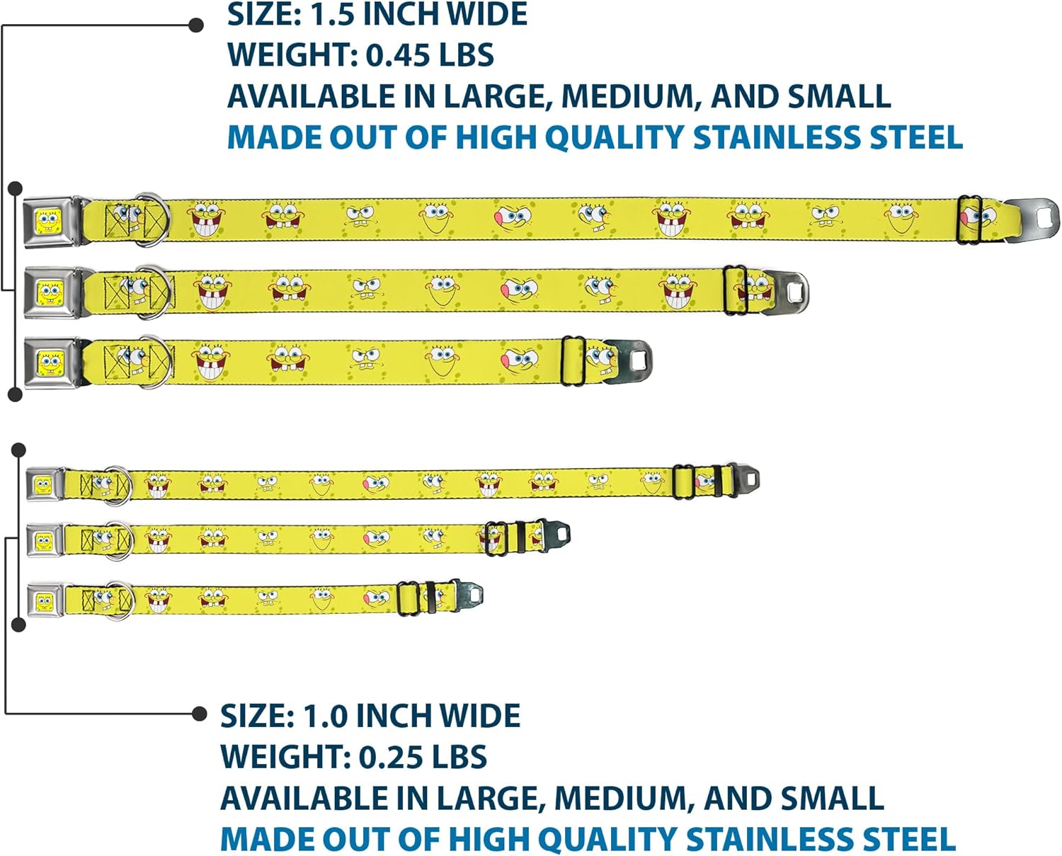 Buckle-Down Seatbelt Buckle Dog Collar - SpongeBob Expressions Yellow - 1" Wide - Fits 11-17" Neck - Medium