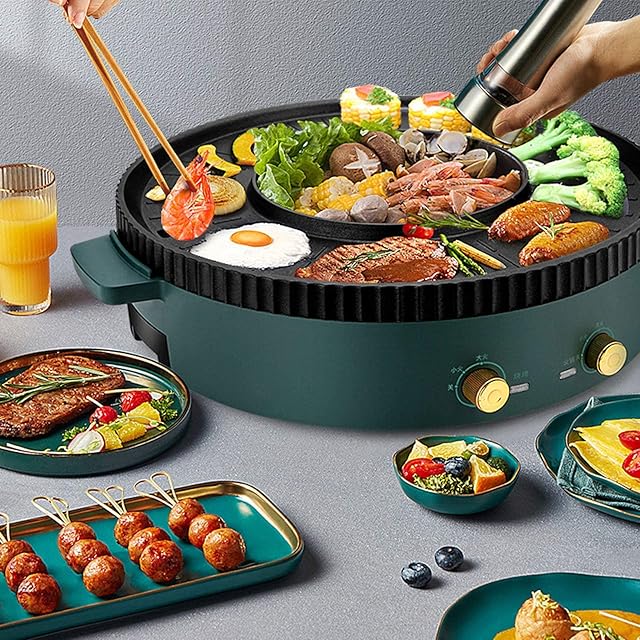 Electric Grill Indoor Hot Pot Multifunctional Non-Stick Ourdoor Korean Bbq SmokelessShabu Shabu Pot With Divider - Separate Dual Temperature Contral Capacity For 2-6PeopleGreen-Dividerpot Useful