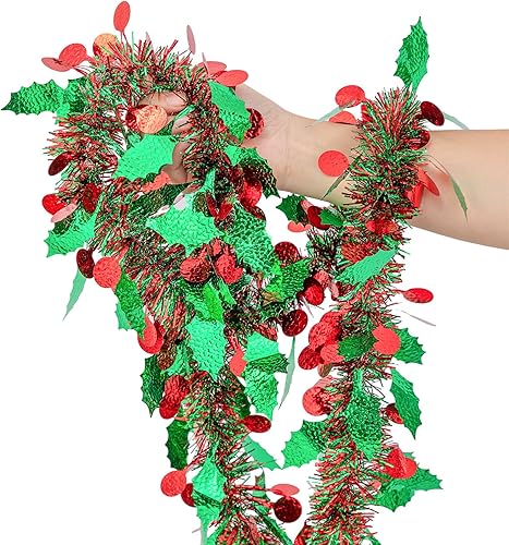 Miniatura 3 de Guirnalda de oropel de Navidad de 33 pies, guirnalda de oropel metálico rojo y verde con bayas y hojas, decoración colgante de Navidad para árbol de