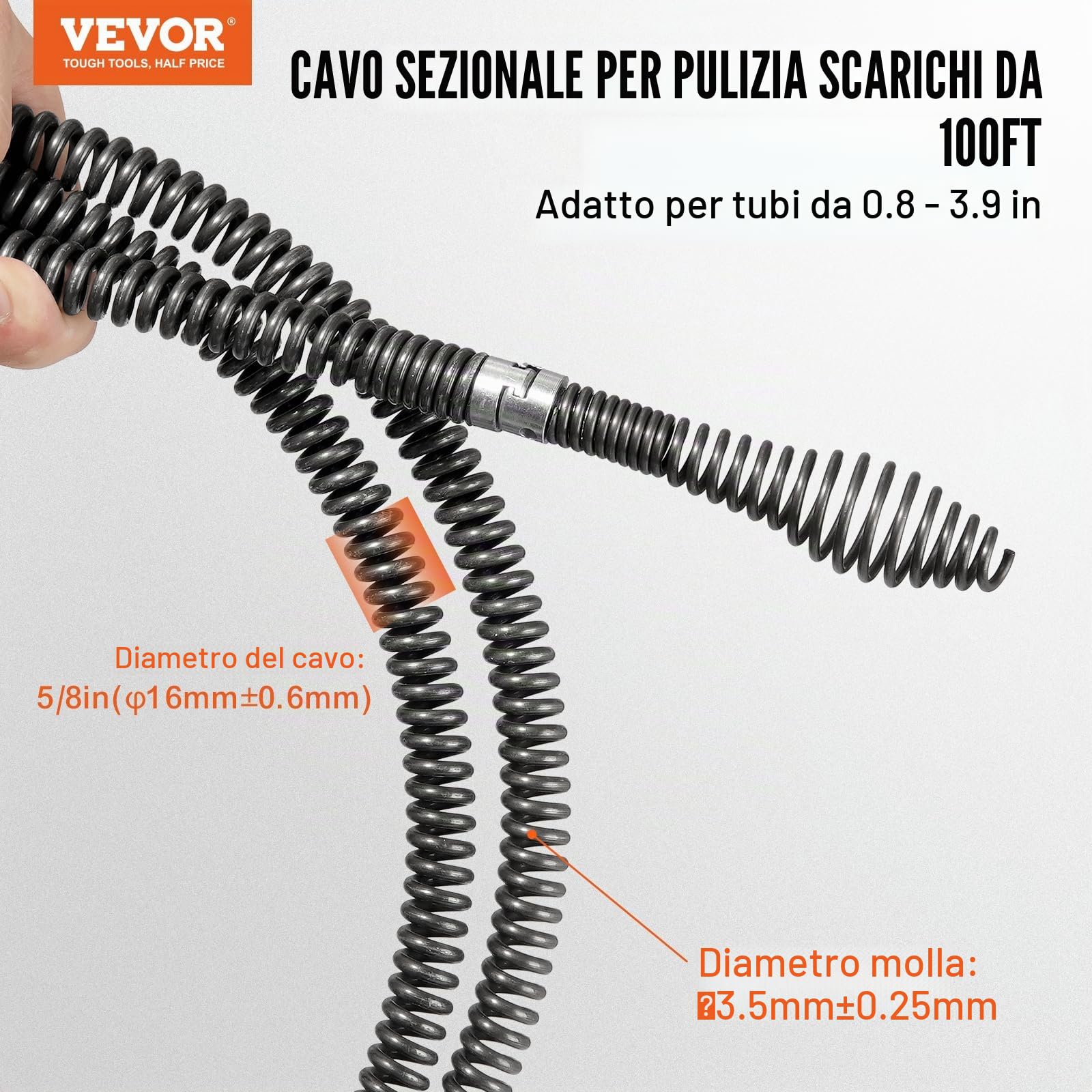 VEVOR Cavo per Pulizia Scarichi con 7 Taglierine Cavo per Pulizia Scarichi Sezionale per Tubi da 20 a 100 mm Cavo per Coclea di Scarico Fognario a Nucleo Cavo per Lavello, Scarico a Pavimento, WC