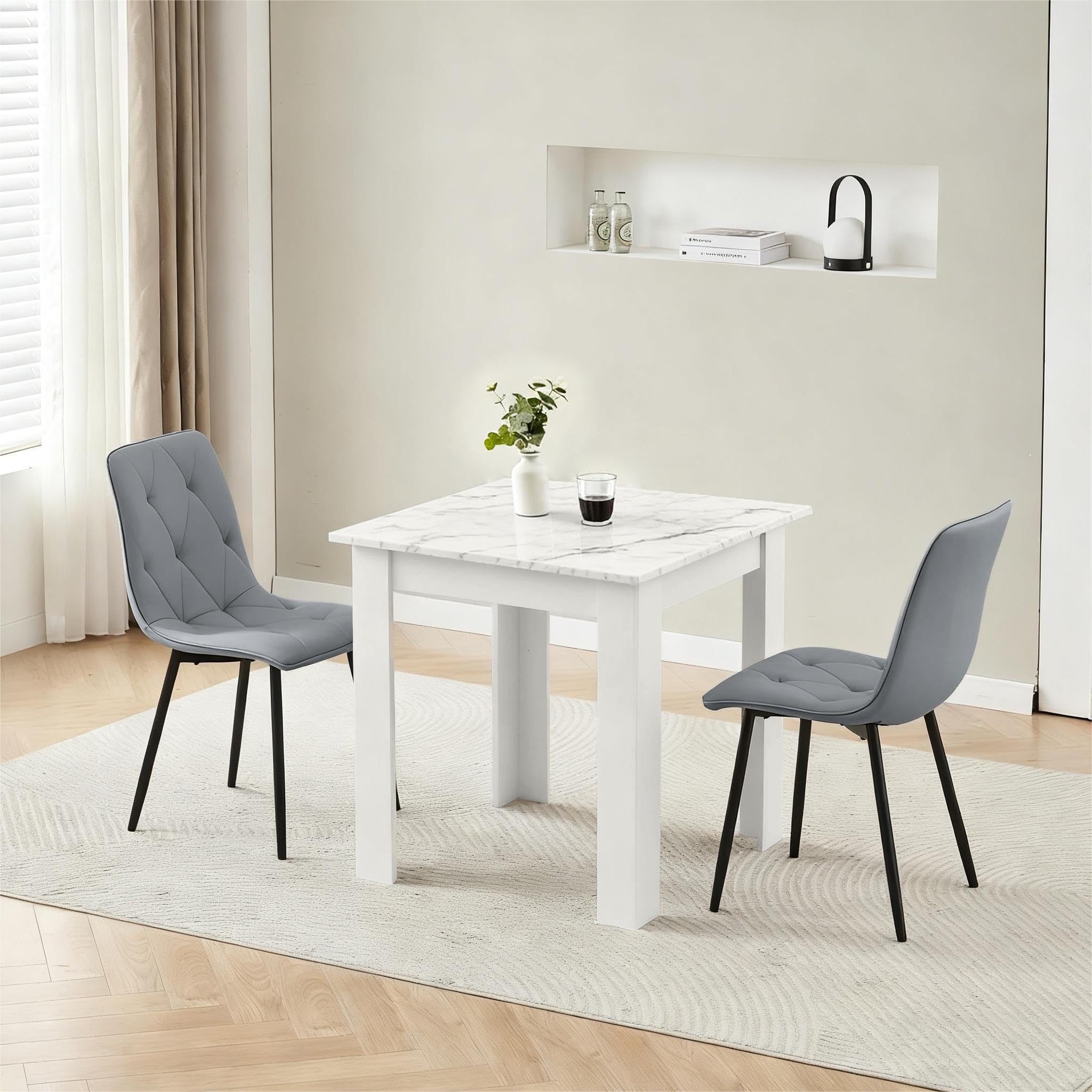 75x75 cm Small Dining Table and 2 Chairs, 2 Seater Table and Chairs Set Kitchen Dining Room Set for 2, Compact, Space Saving, Wooden, Glossing Tabletop Marble-White (2 Seats, PU Diamond Gray)