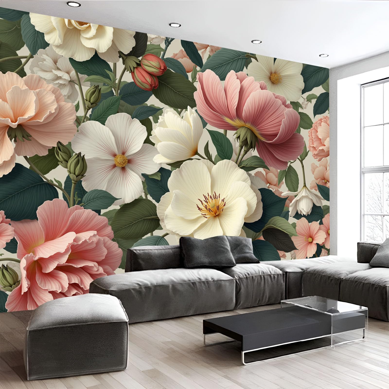 Papier peint panoramique 3D botanique vintage 450x315cm crème pour salon