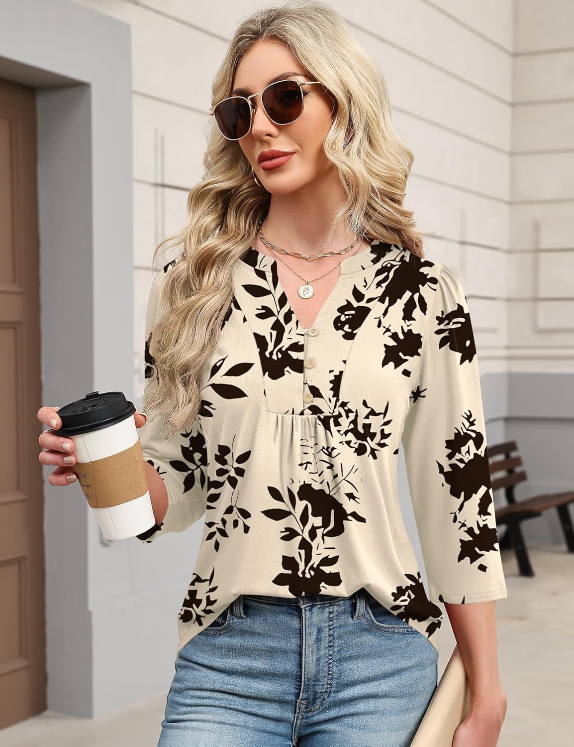 IECCP 3/4 Length Sleeve Womens Tops Dressy Casual Henley V-Neck Summer Tops Pleated T-Shirts Loose Fit Work Blouses - Image 4