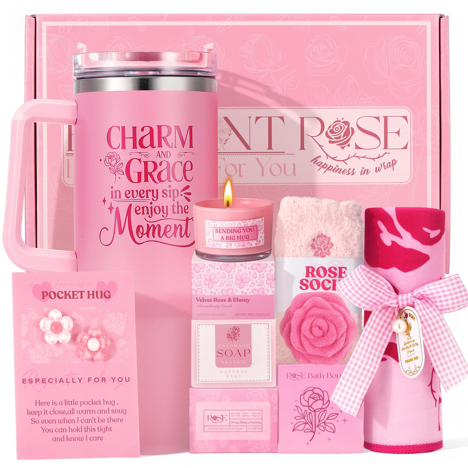Gift Set for Women Self Care - Pink Birthday Gifts Basket for Women Best Friend Sister Daughter Easter