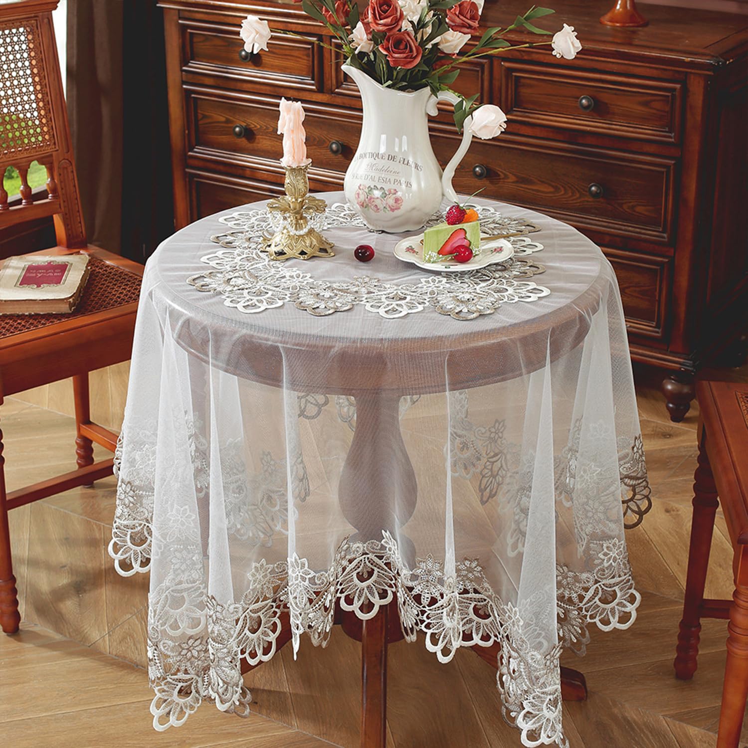 FOELANNE Embroidered Lace Tablecloth, Macrame Lace Embroidered Square Tablecloth Multicolor 85-145cm(Khaki,110x110cm)