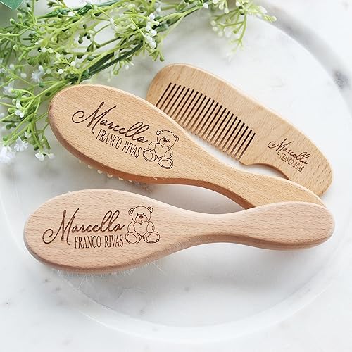 Miniatura 4 de Juego de cepillos de madera personalizados para bebés  Cepillo de madera personalizado para bebés  Regalo personalizado para niños