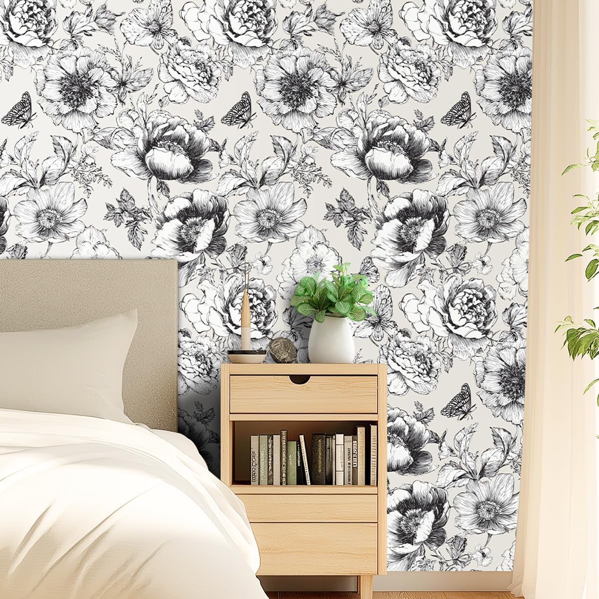 Gray White Flower Removable Self-Adhesive Wallpaper for Bedroom & Living Room Decor 17.7×236 Inch,Waterproof Wall Covering for Accent Walls, Apartment, Nursery