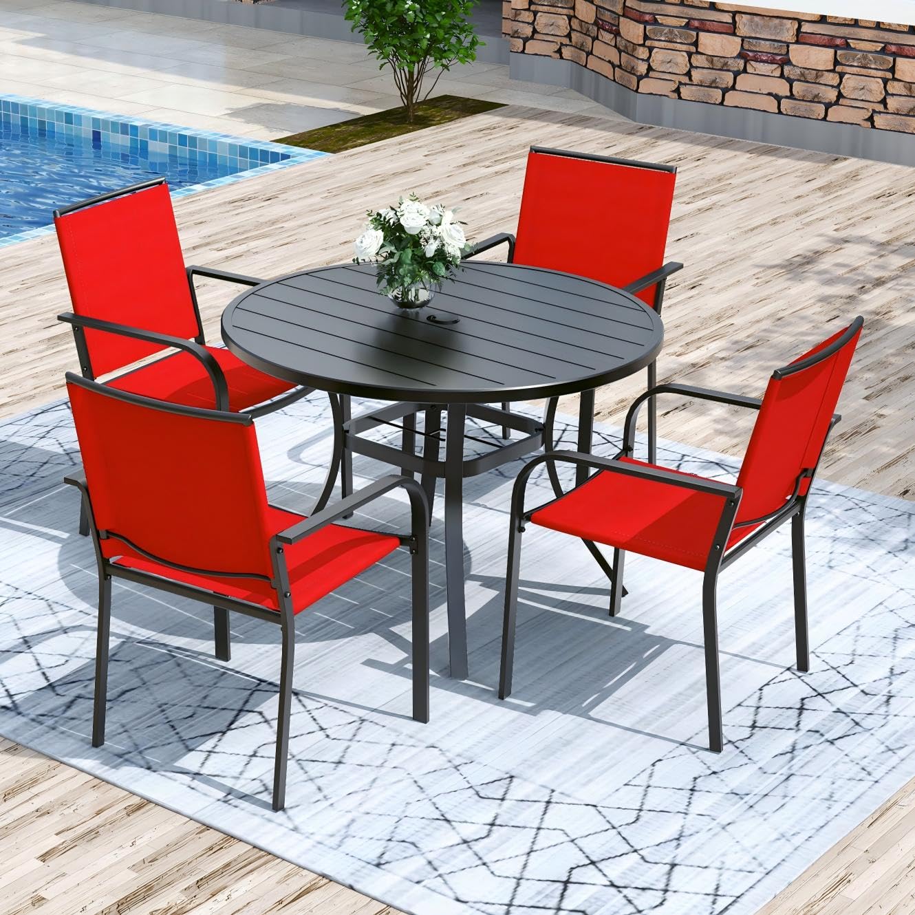 Anmutig 5 Piece Patio Dining Set 41 Inch Round Table Stackable Chairs Red