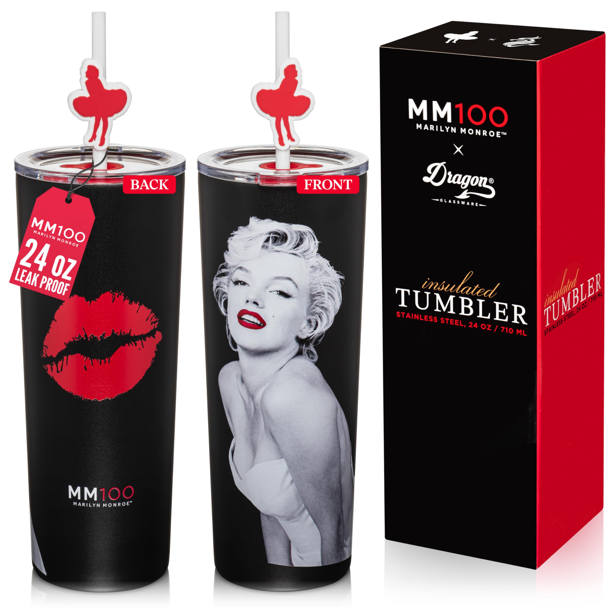 Dragon Glassware x Marilyn Monroe 100th Celebration Tumbler, 24 oz - MM100 | Vacuum Insulated Stainless Steel Tumbler with Straw & Lid; Double Walled Tumbler with Straw Charm; Marilyn Monroe Cup MM100 24 Ounces