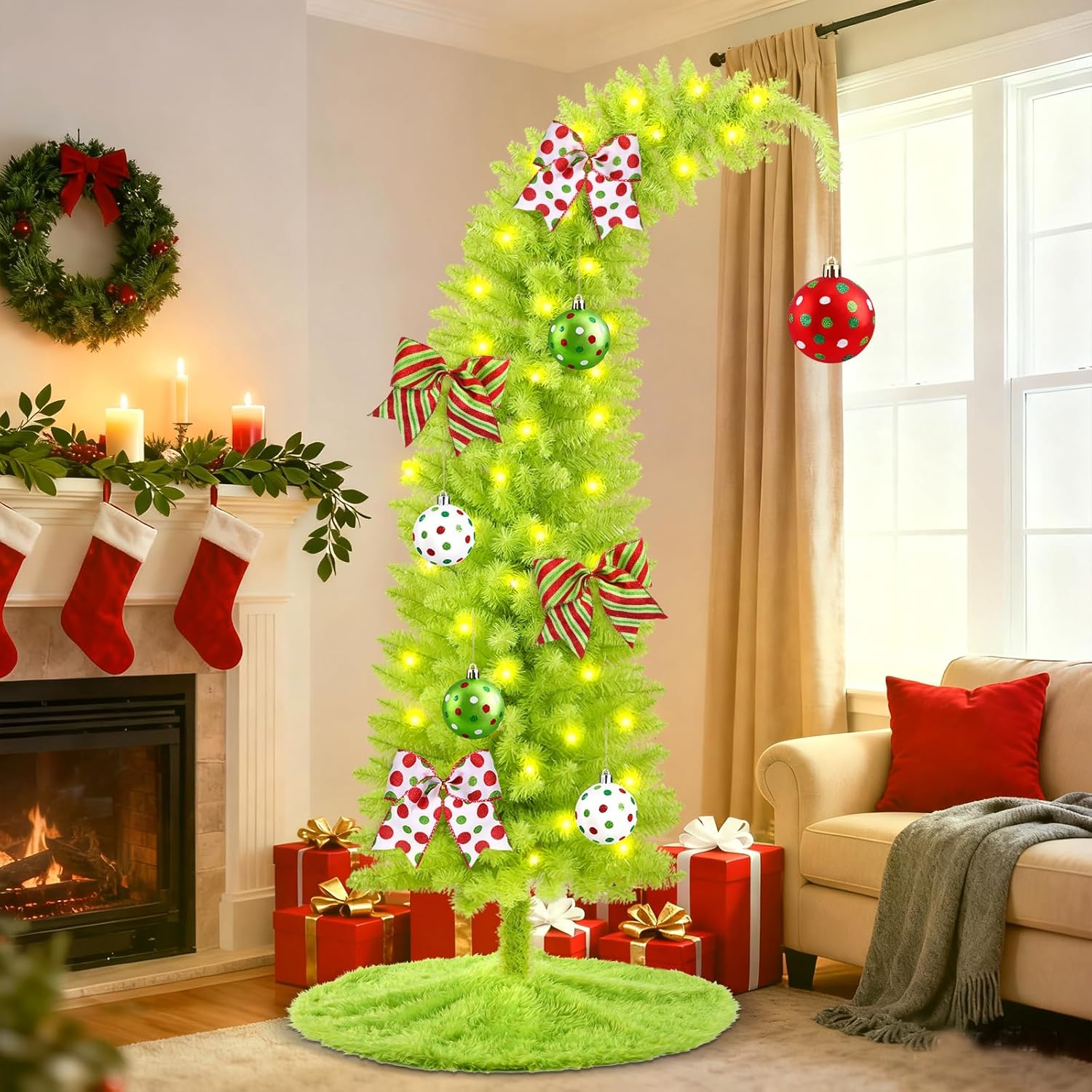 YUJUN 5.25ft Christmas Whimsical Bendable Artificial Tree, 150 LED Lights Christmas Green Tree Skirt with Timer 8 Lighting Modes for Xmas Indoor Outdoor Home Living Room Office Holiday Decoration