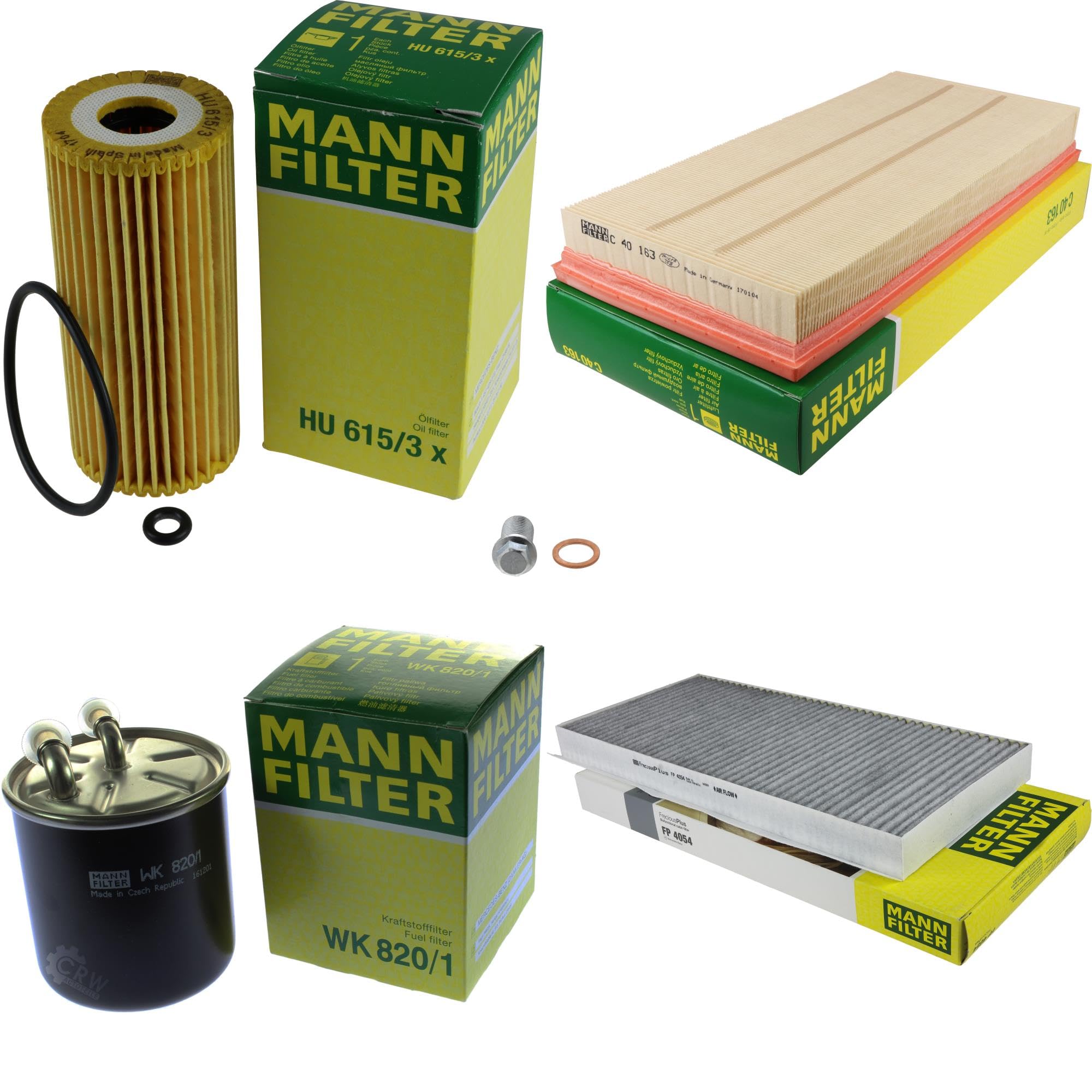 Paquete de inspección Kit de mantenimiento de filtros con filtro de aceite HU 615/3 x, filtro de aire C 40 163, filtro de combustible WK 820/1, filtro de habitáculo FP 4054, tornillo de