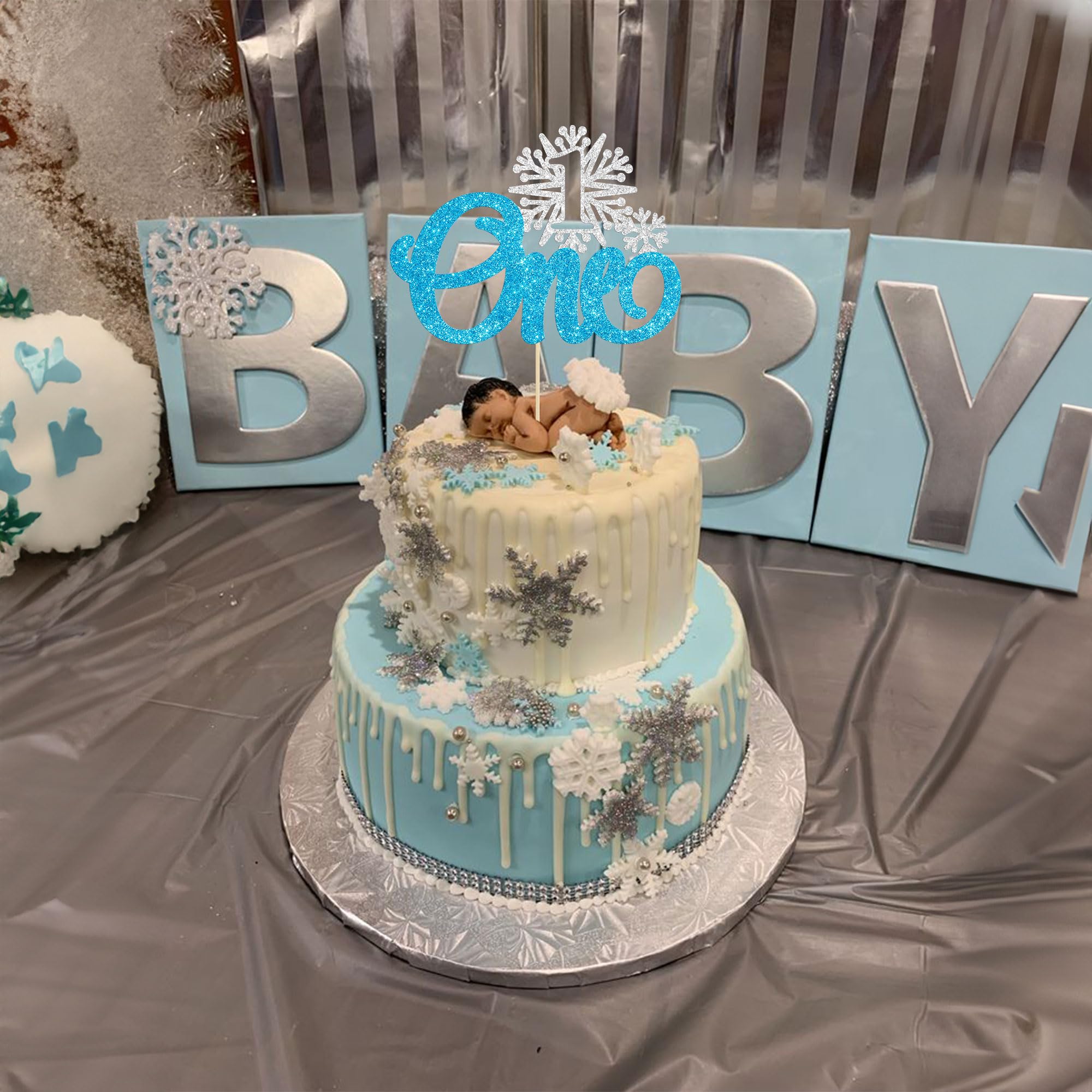 Gyufise Cupcake-Topper Schneeflocken-Motiv – 24 Stück, Blau-silber Glitzernd, Für Winter- & Geburtstagspartys